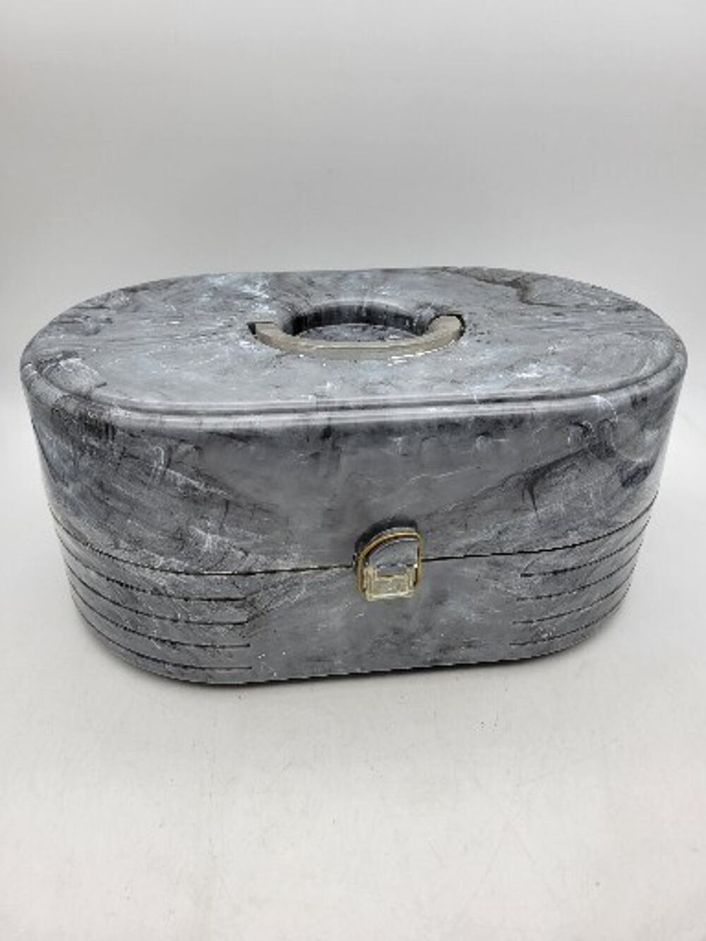 Caboodles Makeup Holder Storage Case Gray Marble W/ Mirror 1990s Vtg Round Latch